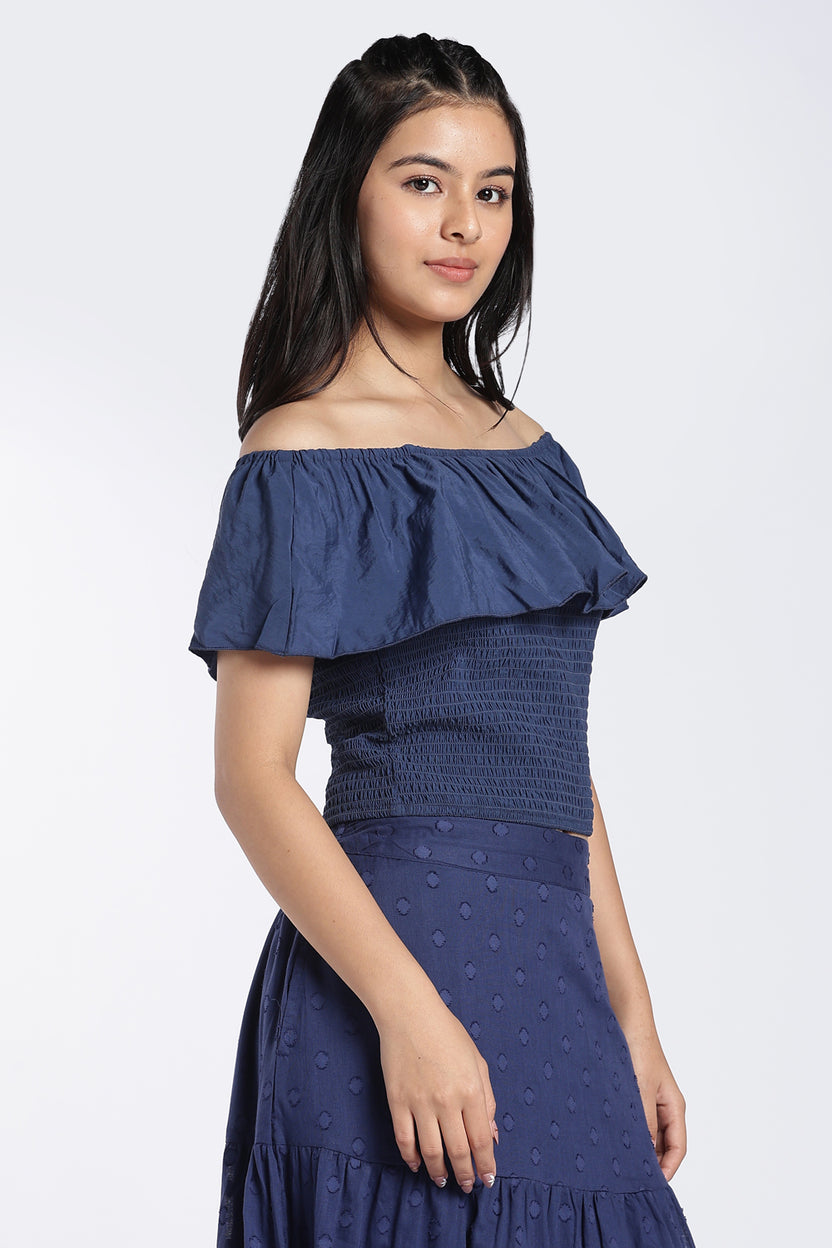 Navy Off-Shoulder Smocked Top For Women - Image 4