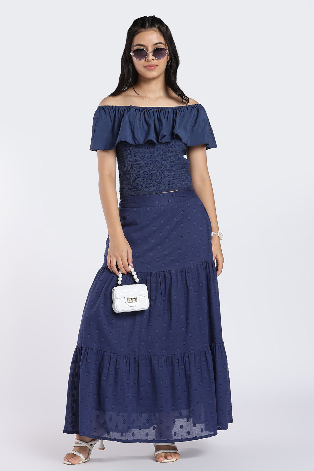 Navy Off-Shoulder Smocked Top For Women - Image 6