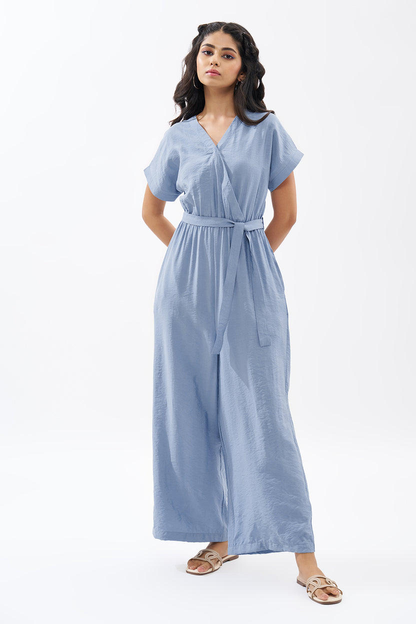 Light Blue Solid Jumpsuit For Women - Image 2