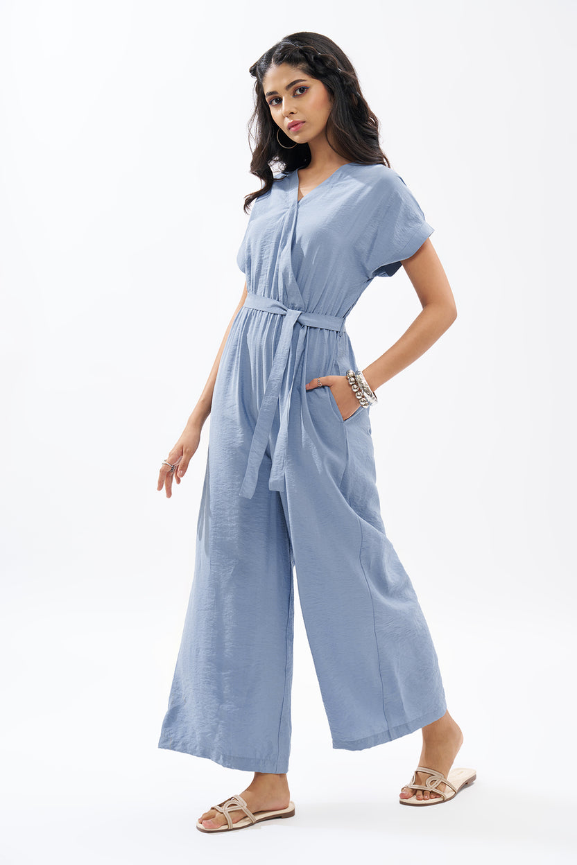 Light Blue Solid Jumpsuit For Women - Image 4