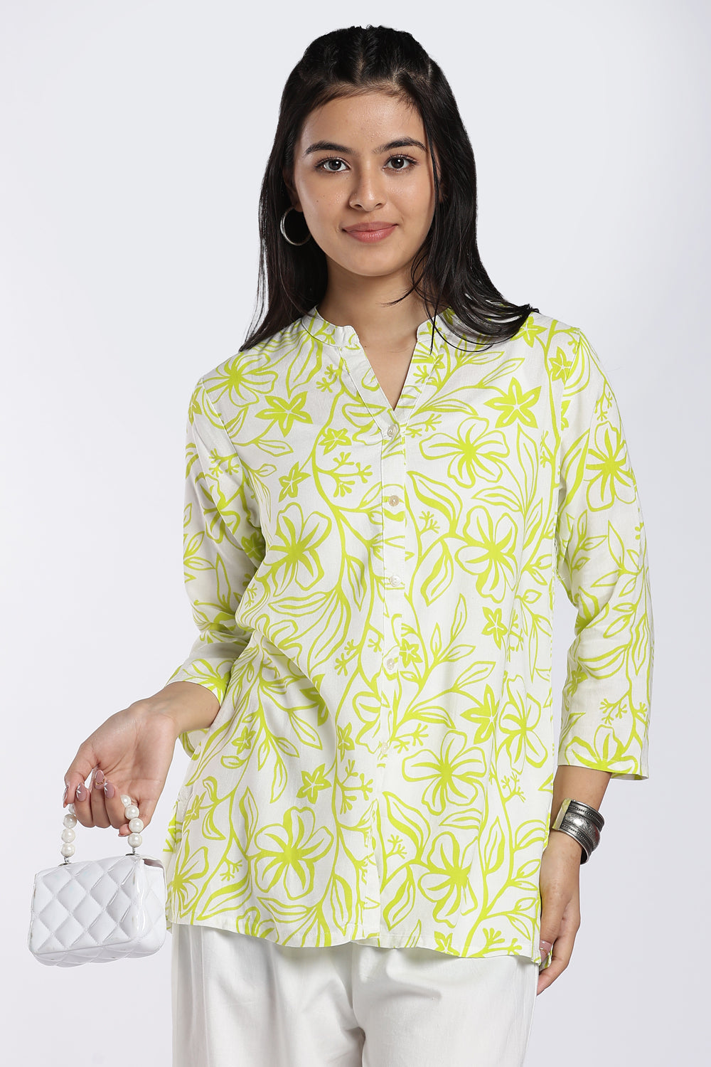 Lime Green Floral Print Tunic for Women - Image 1