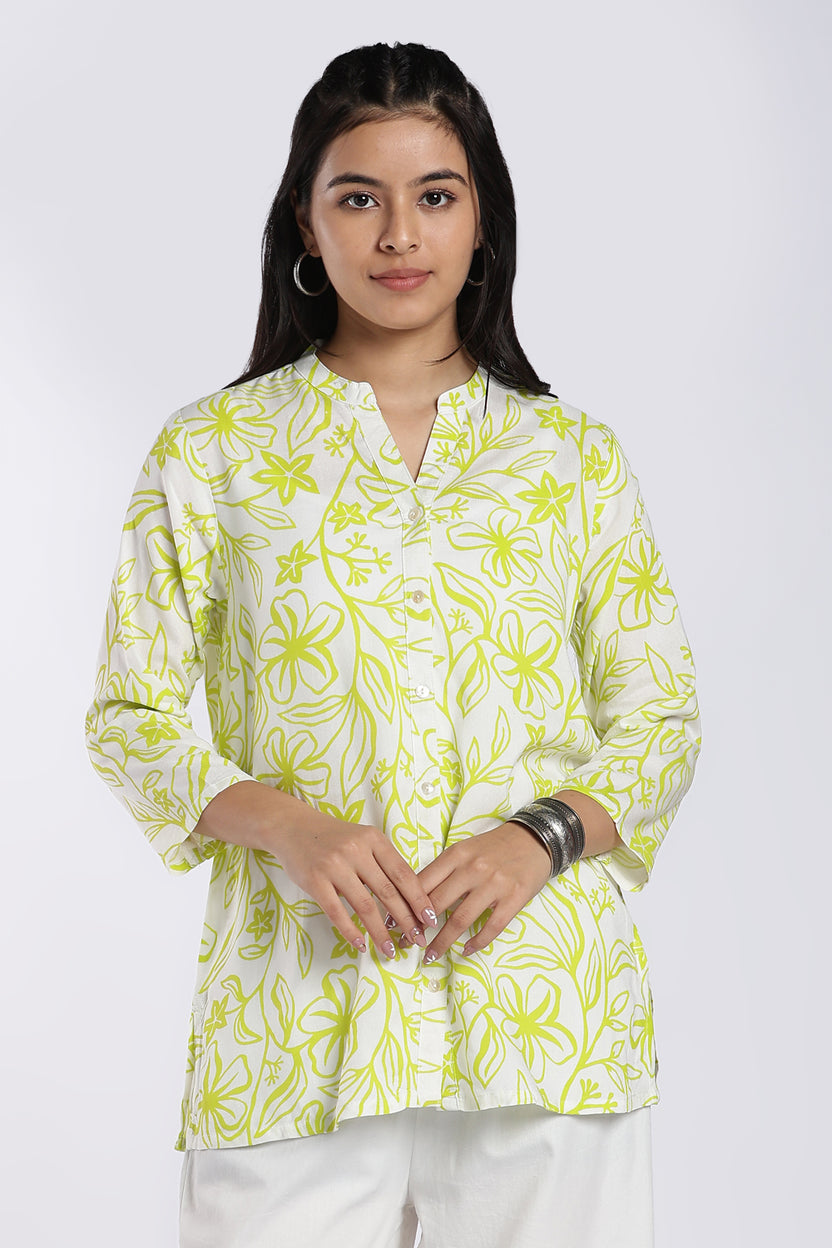 Lime Green Floral Print Tunic for Women - Image 2