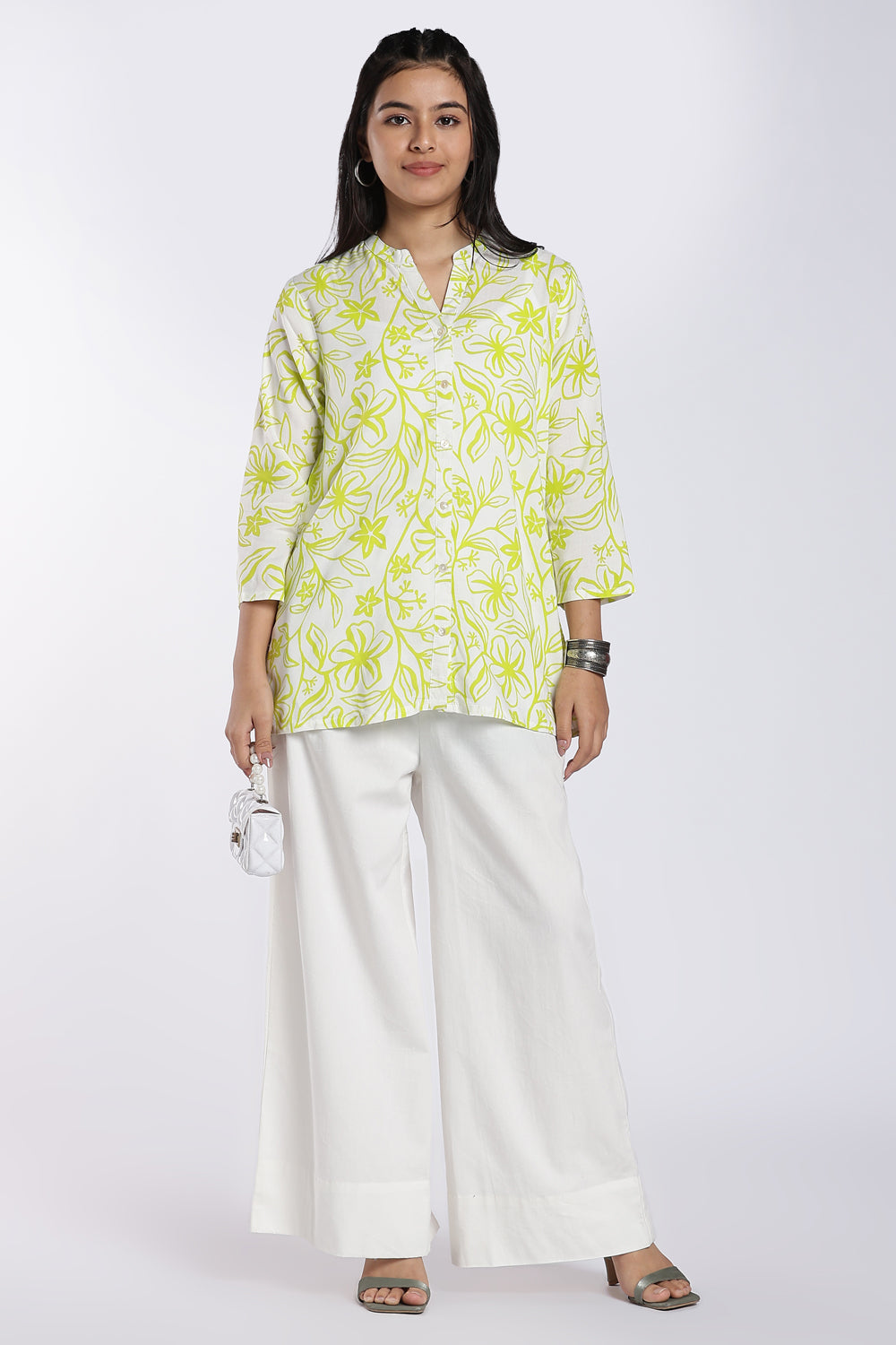 Lime Green Floral Print Tunic for Women - Image 6