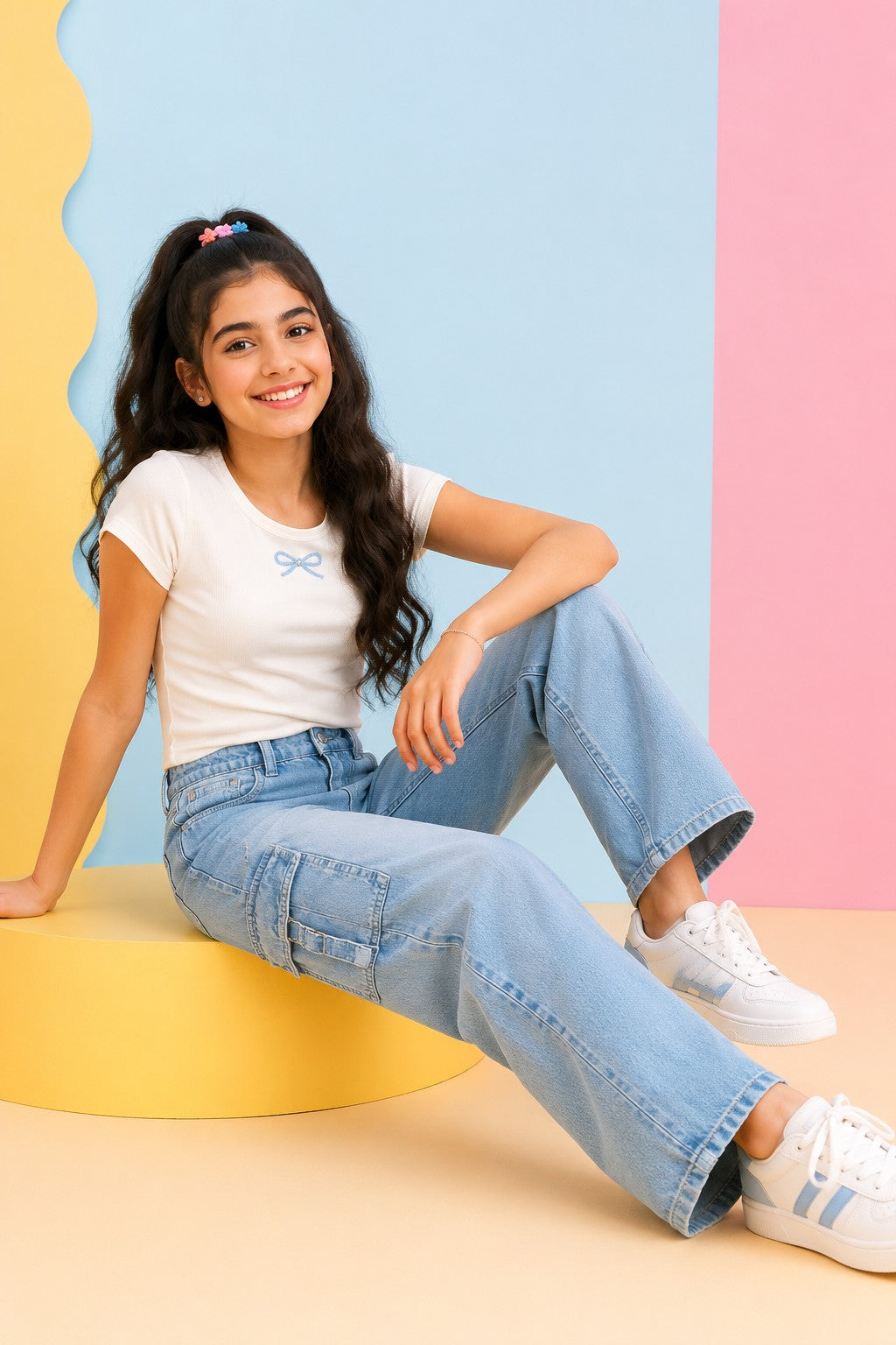 Light Blue Solid Regular Fit Jeans For Tweens Girls - Image 1