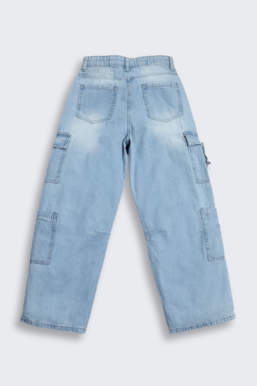Light Blue Solid Regular Fit Jeans For Tweens Girls - Image 3
