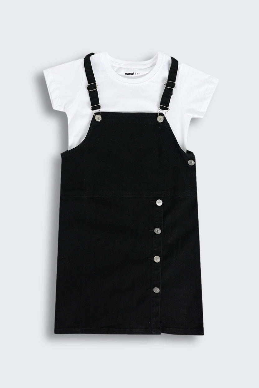 Black Solid Dungaree With T-Shirt for Tweens Girls - Image 2