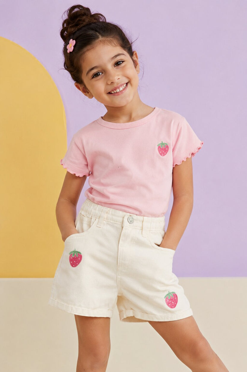 White Strawberry Placement Print Shorts with Four Pockets - Image 1