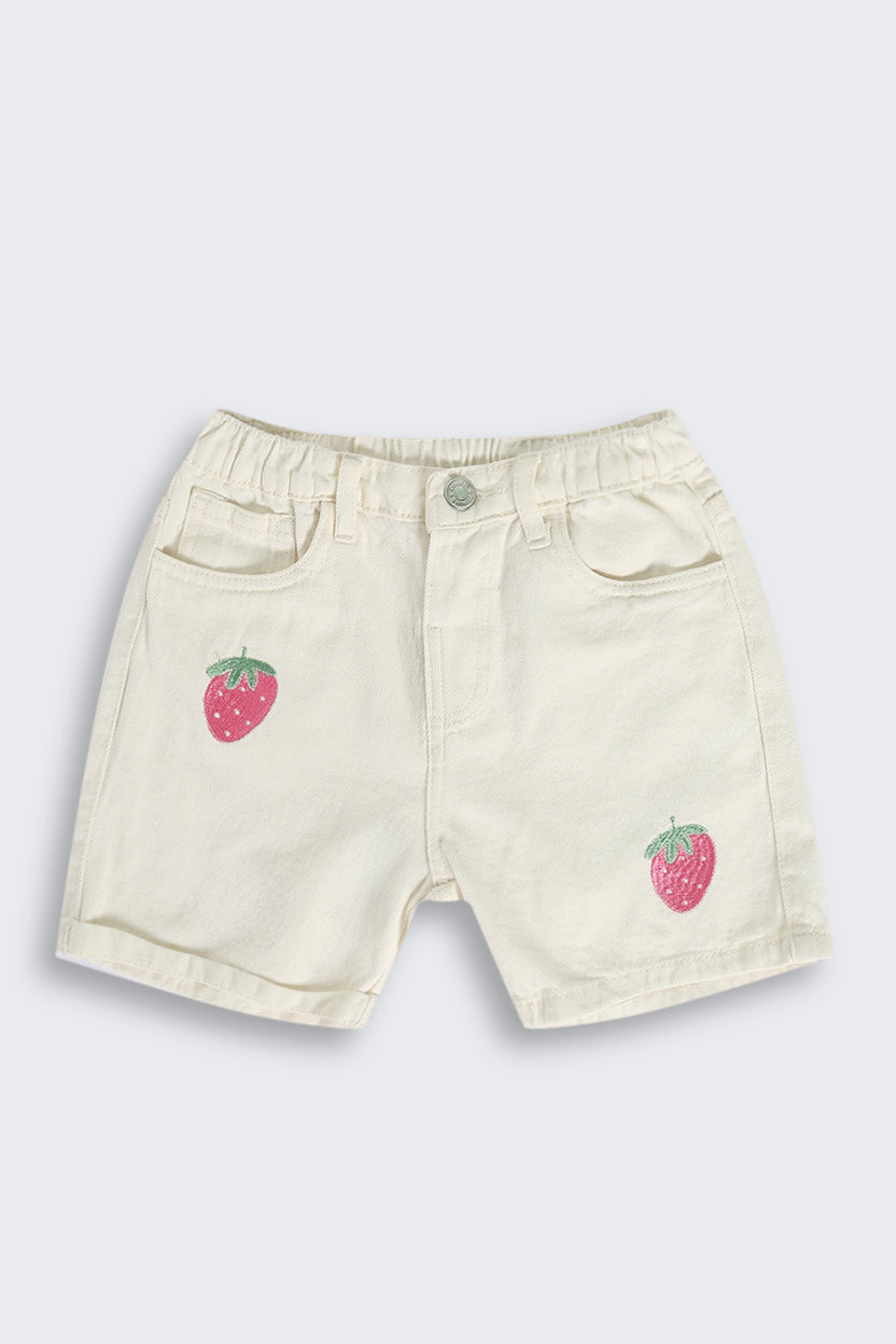 White Strawberry Placement Print Shorts with Four Pockets for Girls - Image 2