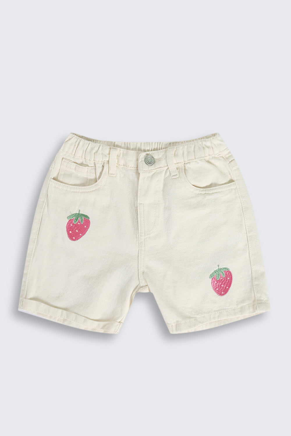White Strawberry Placement Print Shorts with Four Pockets for Girls - Image 2