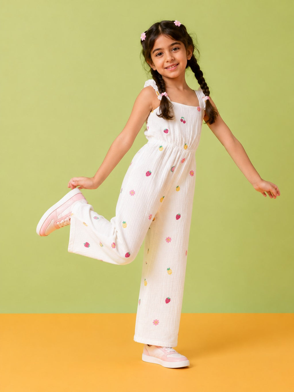 White Fruits & Flowers Printed Regular Fit Jumpsuits for Girls - Image 1
