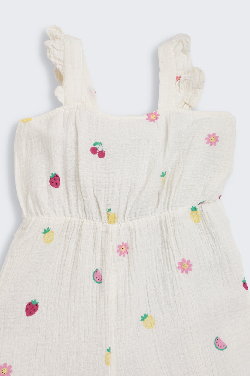 White Fruits & Flowers Printed Regular Fit Jumpsuits for Girls - Image 5