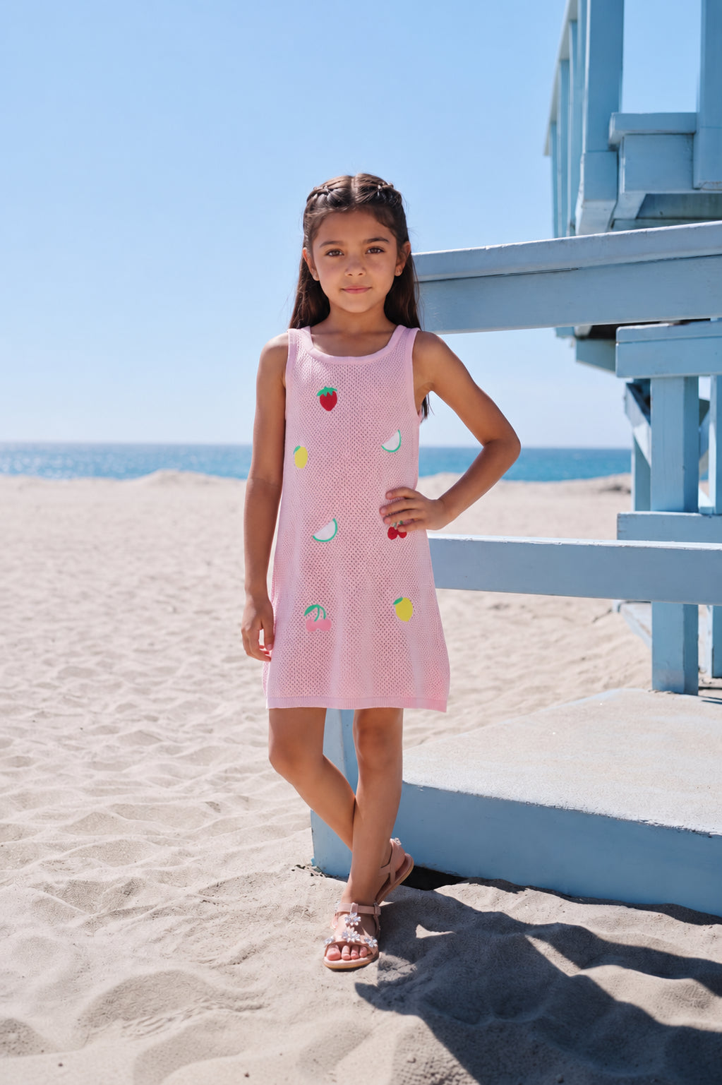 Pink Fruits Embroidered Regular Fit Dress for Girls - Image 1