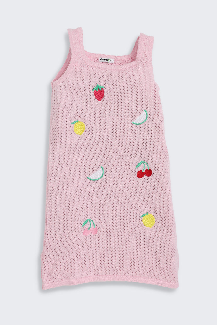 Pink Fruits Embroidered Regular Fit Dress for Girls - Image 2