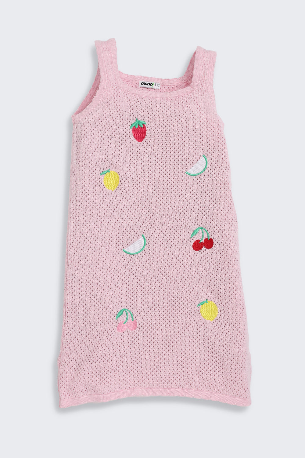 Pink Fruits Embroidered Regular Fit Dress for Girls - Image 2