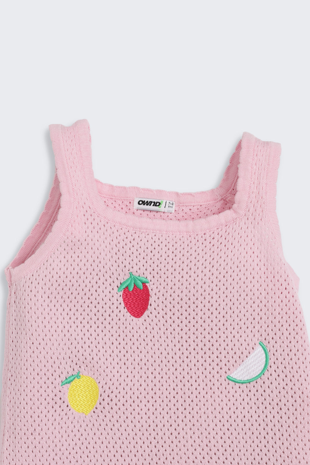 Pink Fruits Embroidered Regular Fit Dress for Girls - Image 5