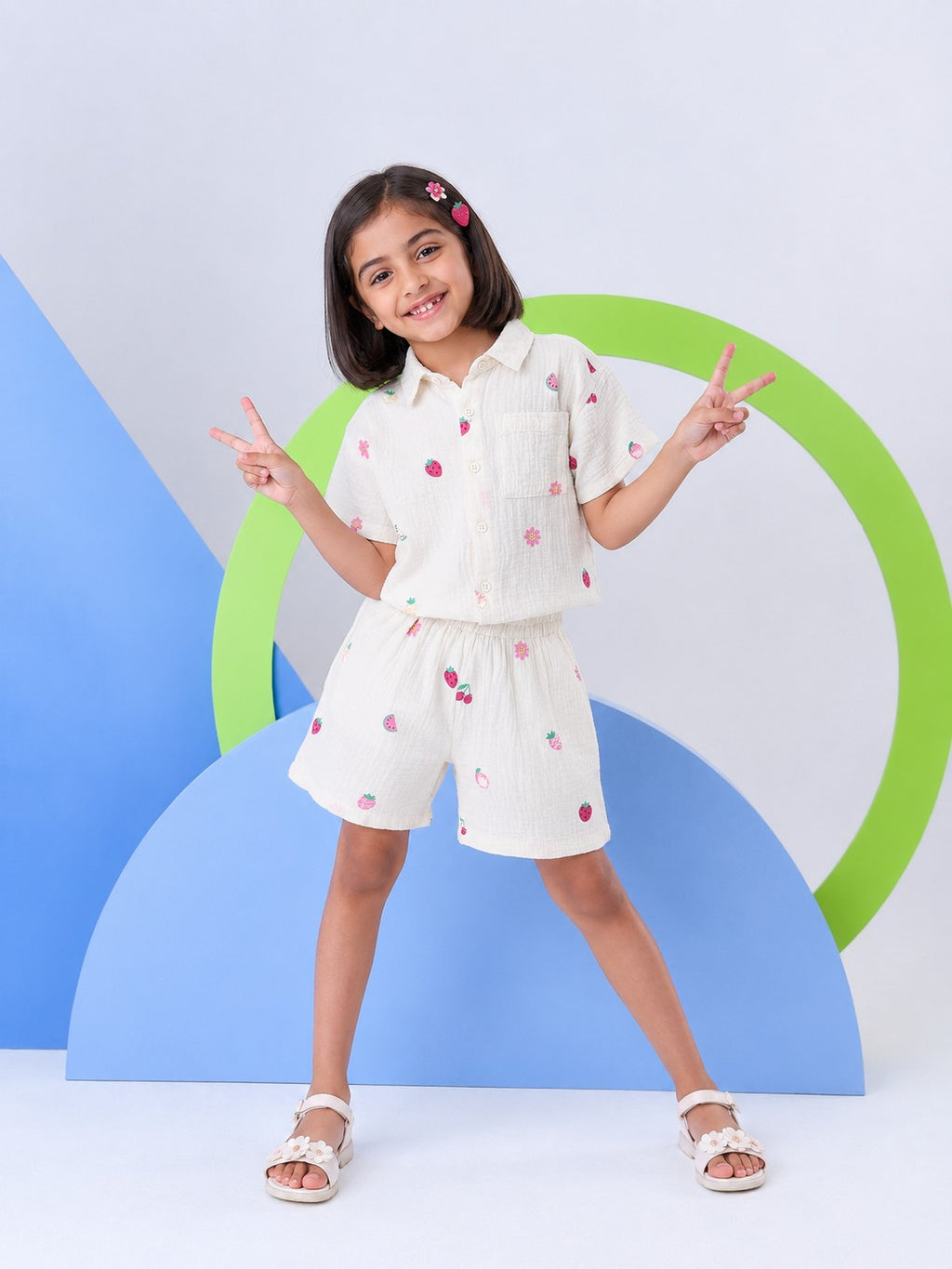 White Fruits Printed Regular Fit Co-ord Set for Girls - Image 1