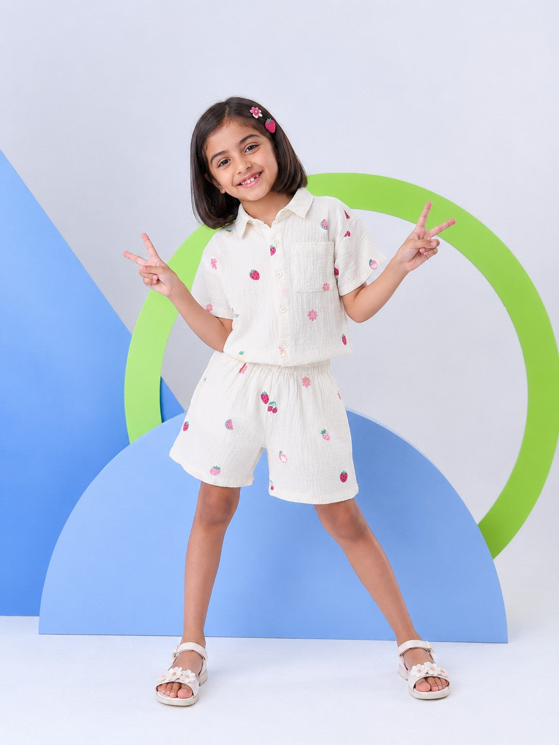 White Fruits Printed Regular Fit Co-ord Set for Girls - Image 1