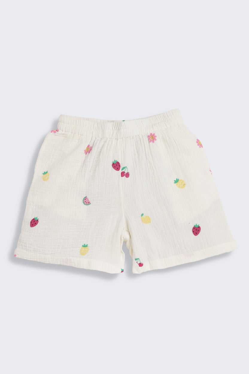 White Fruits Printed Regular Fit Co-ord Set for Girls - Image 4
