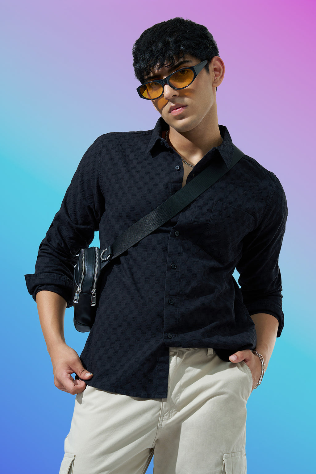 Black Textured Regular Fit Casual Shirt for Men - Image 1
