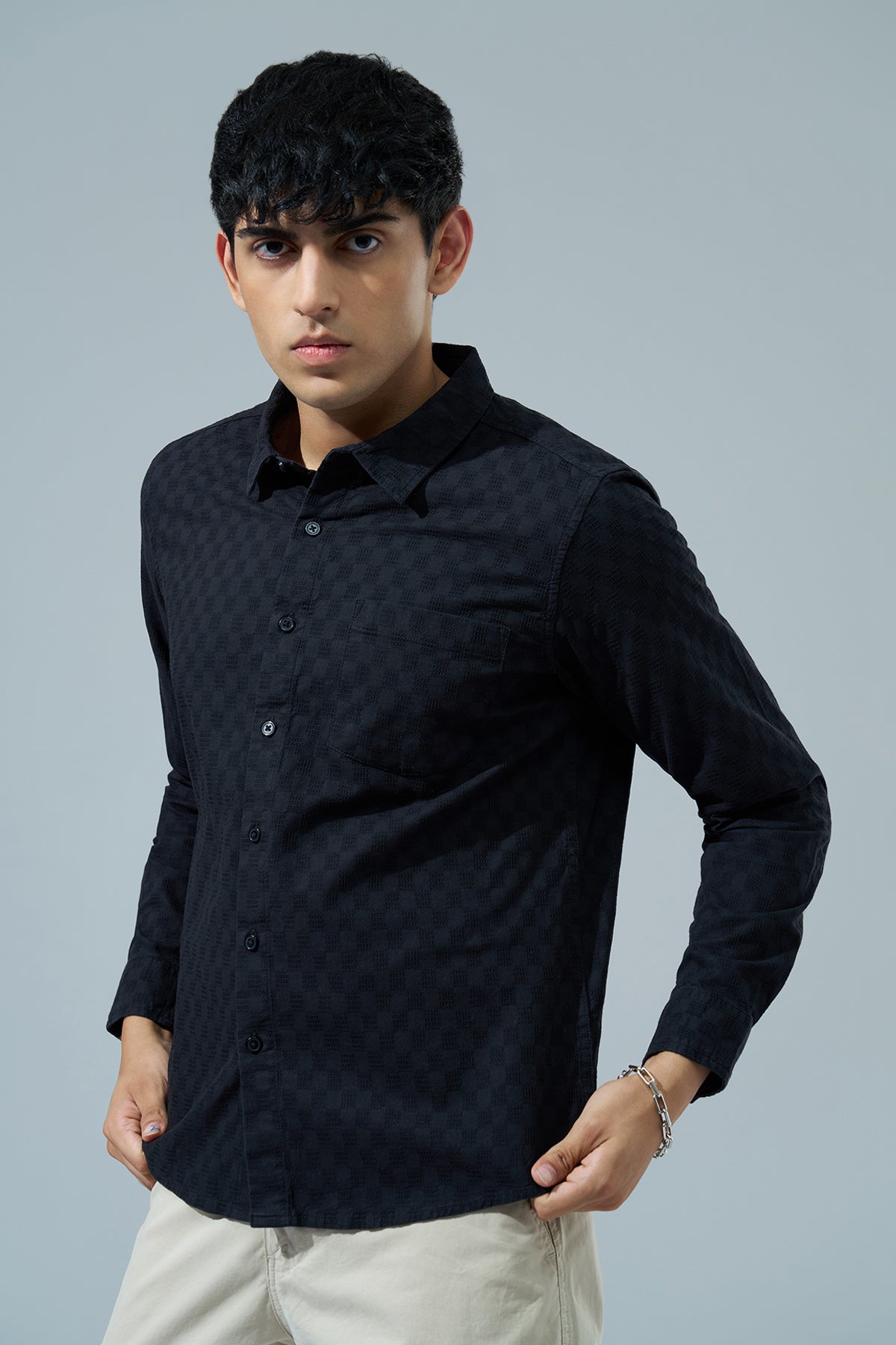 Black Textured Regular Fit Casual Shirt for Men - Image 4