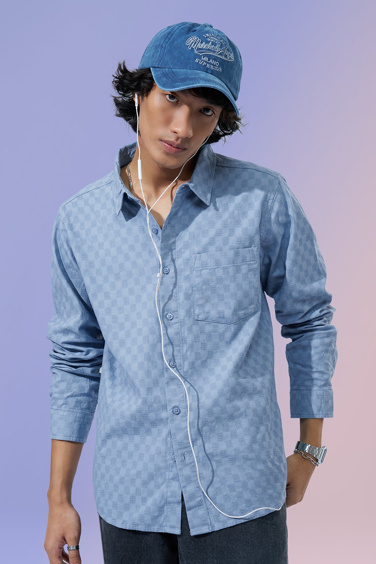 Blue Geometric Pattern Shirt for Men - Image 1