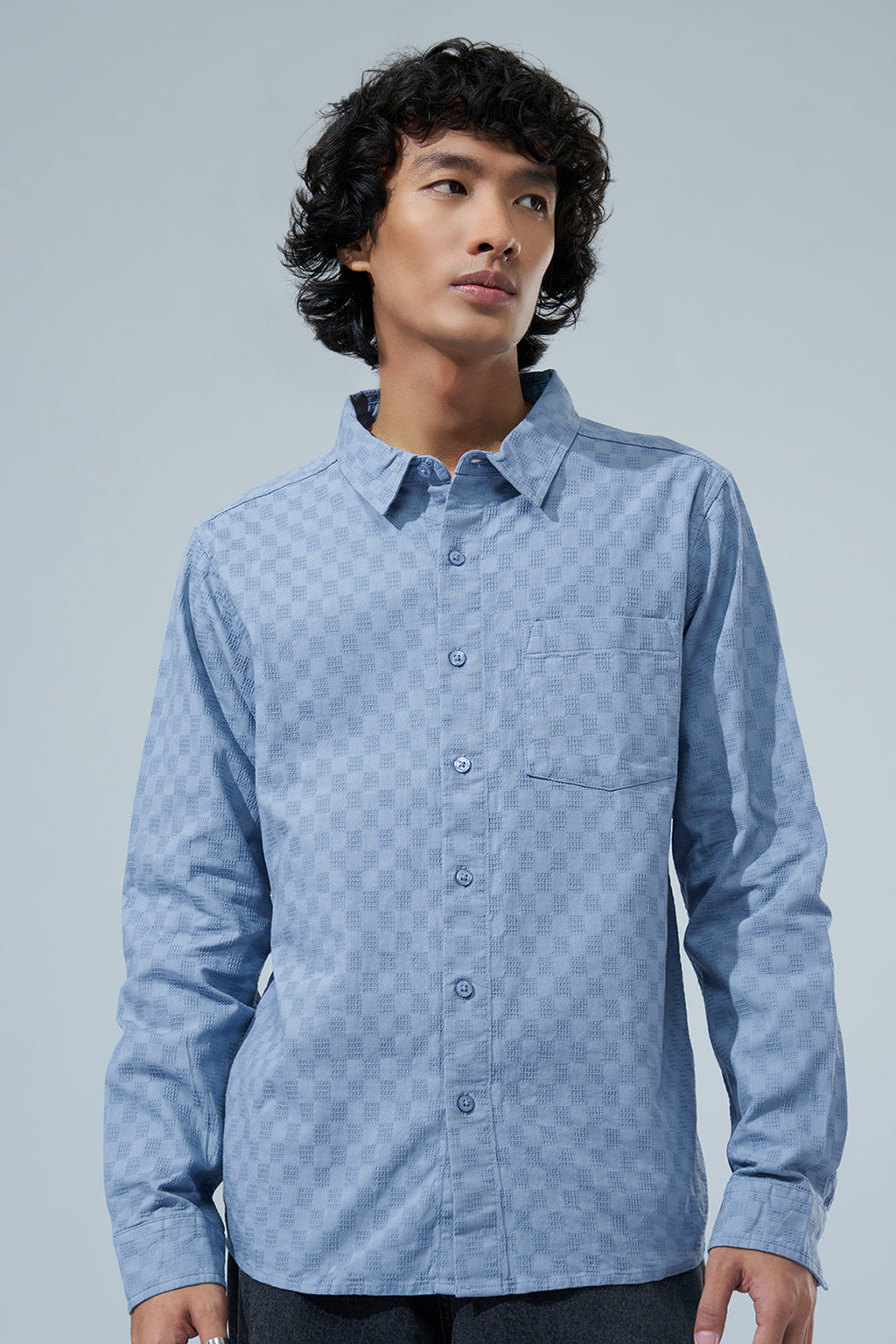 Blue Geometric Pattern Shirt for Men - Image 3