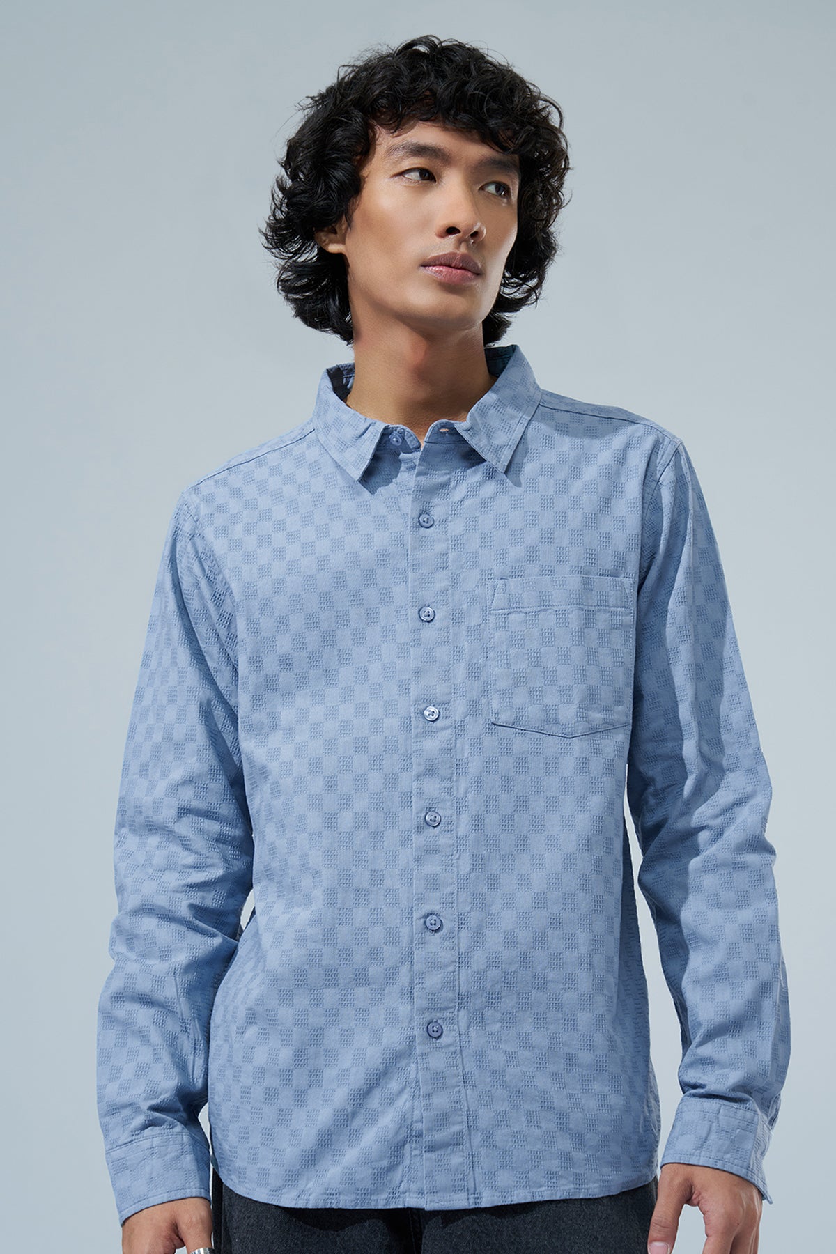 Blue Geometric Pattern Shirt for Men - Image 3
