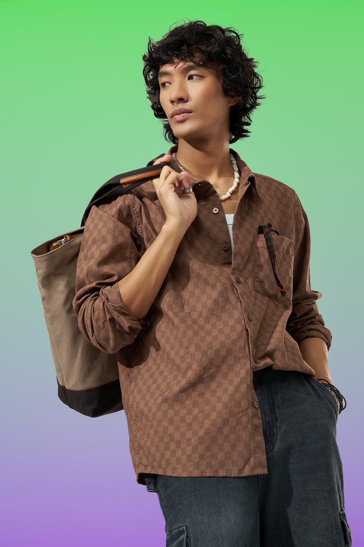 Brown Geometric Pattern Shirt for Men - Image 1