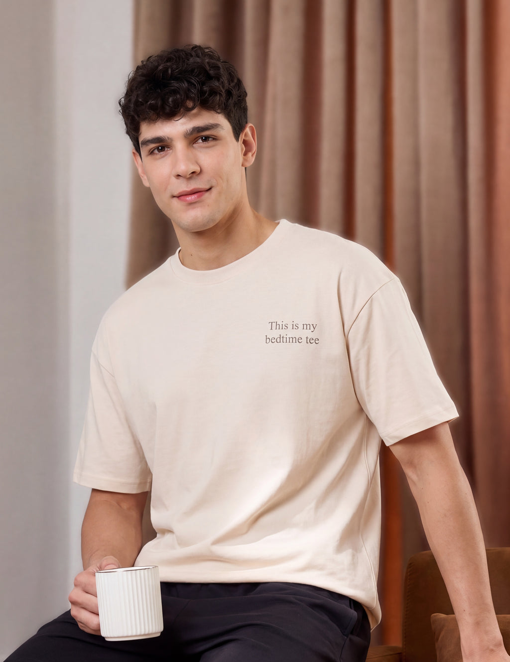Beige Drop Shoulder Sleeves Oversized Fit T-Shirt for Men - Image 1