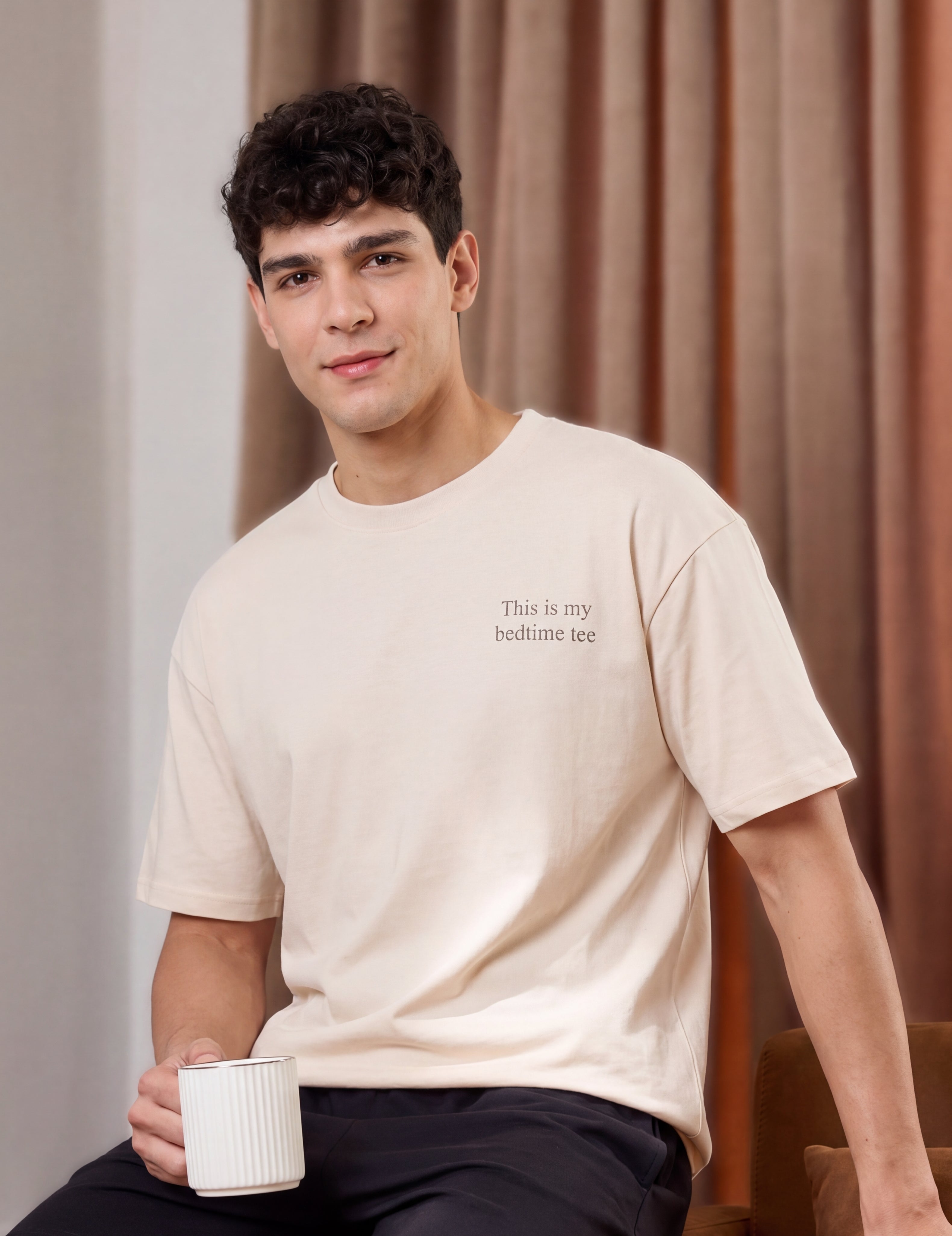 Beige Drop Shoulder Sleeves Oversized Fit T-Shirt for Men - Image 1