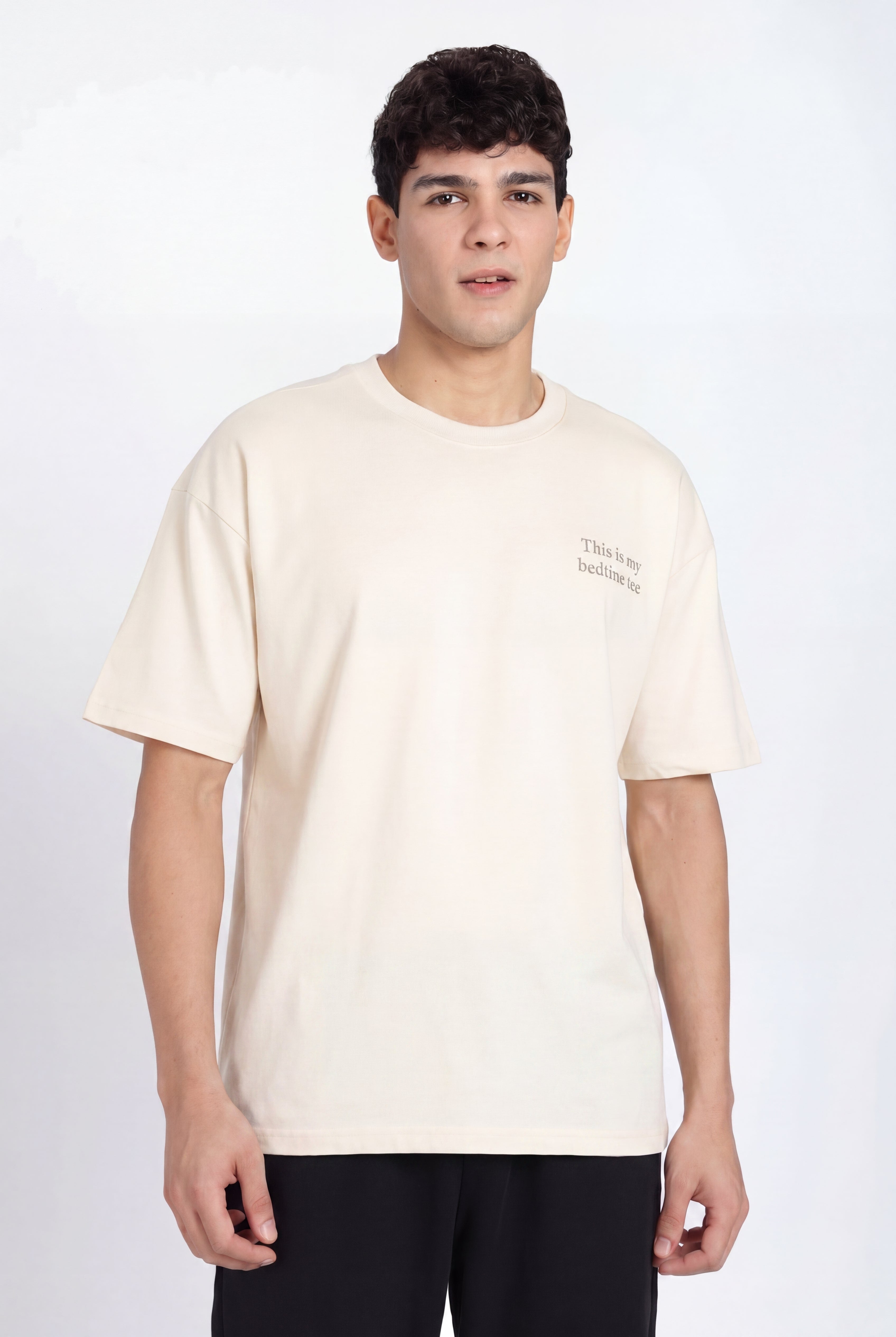 Beige Drop Shoulder Sleeves Oversized Fit T-Shirt for Men - Image 2