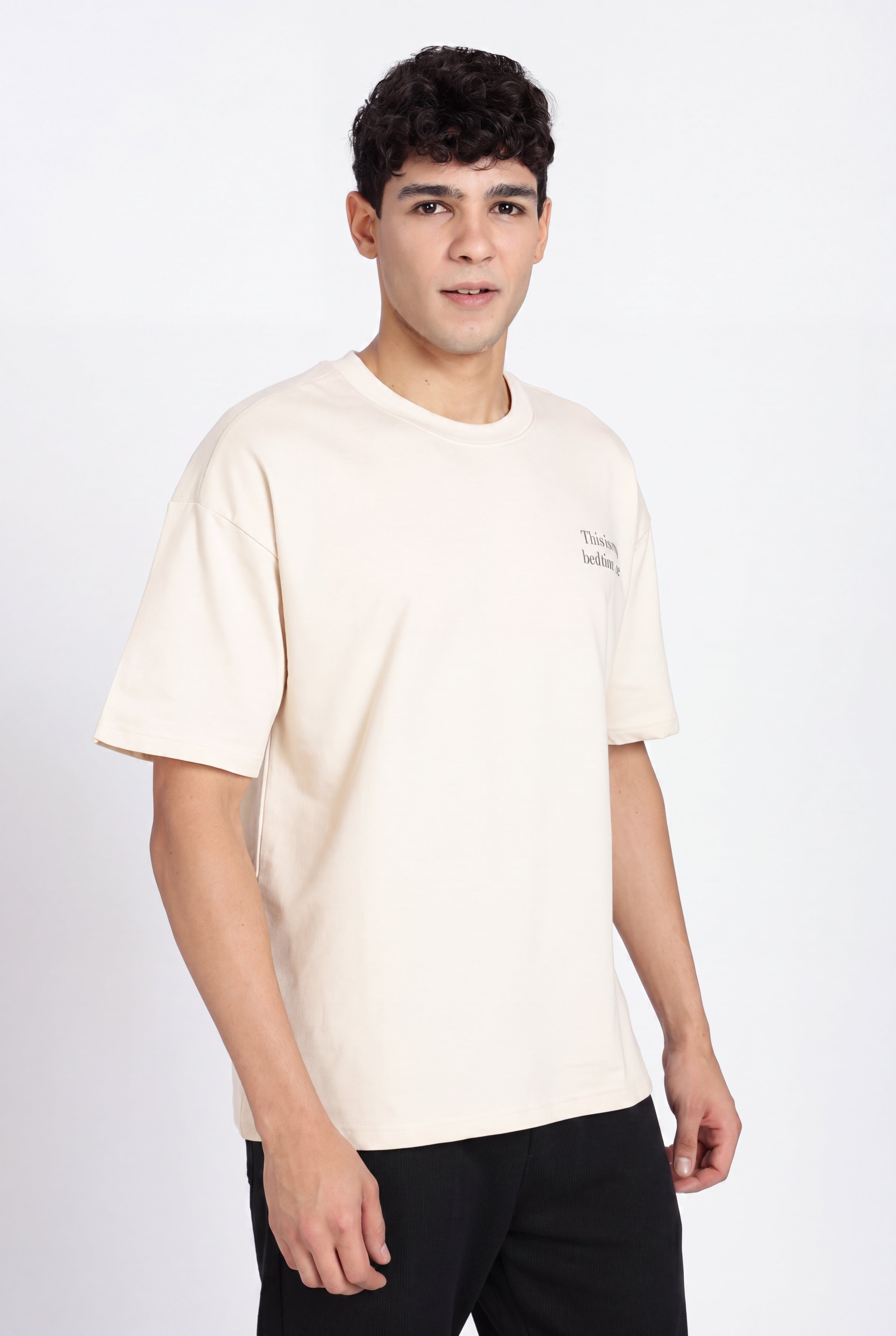 Beige Drop Shoulder Sleeves Oversized Fit T-Shirt for Men - Image 4