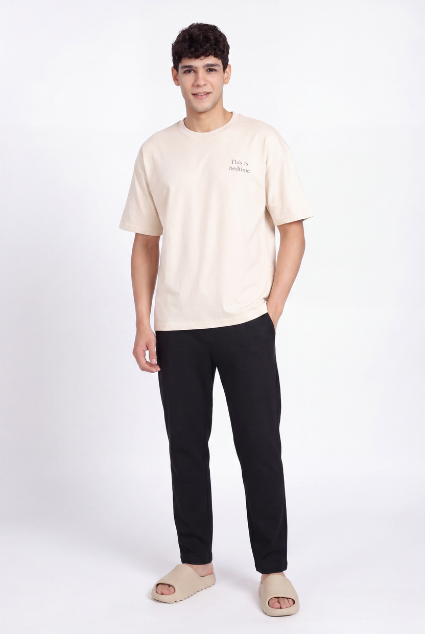 Beige Drop Shoulder Sleeves Oversized Fit T-Shirt for Men - Image 6