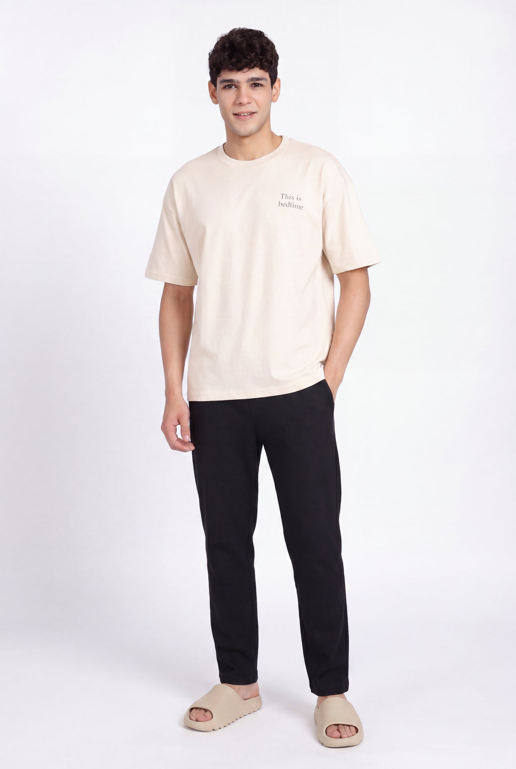 Beige Drop Shoulder Sleeves Oversized Fit T-Shirt for Men - Image 6