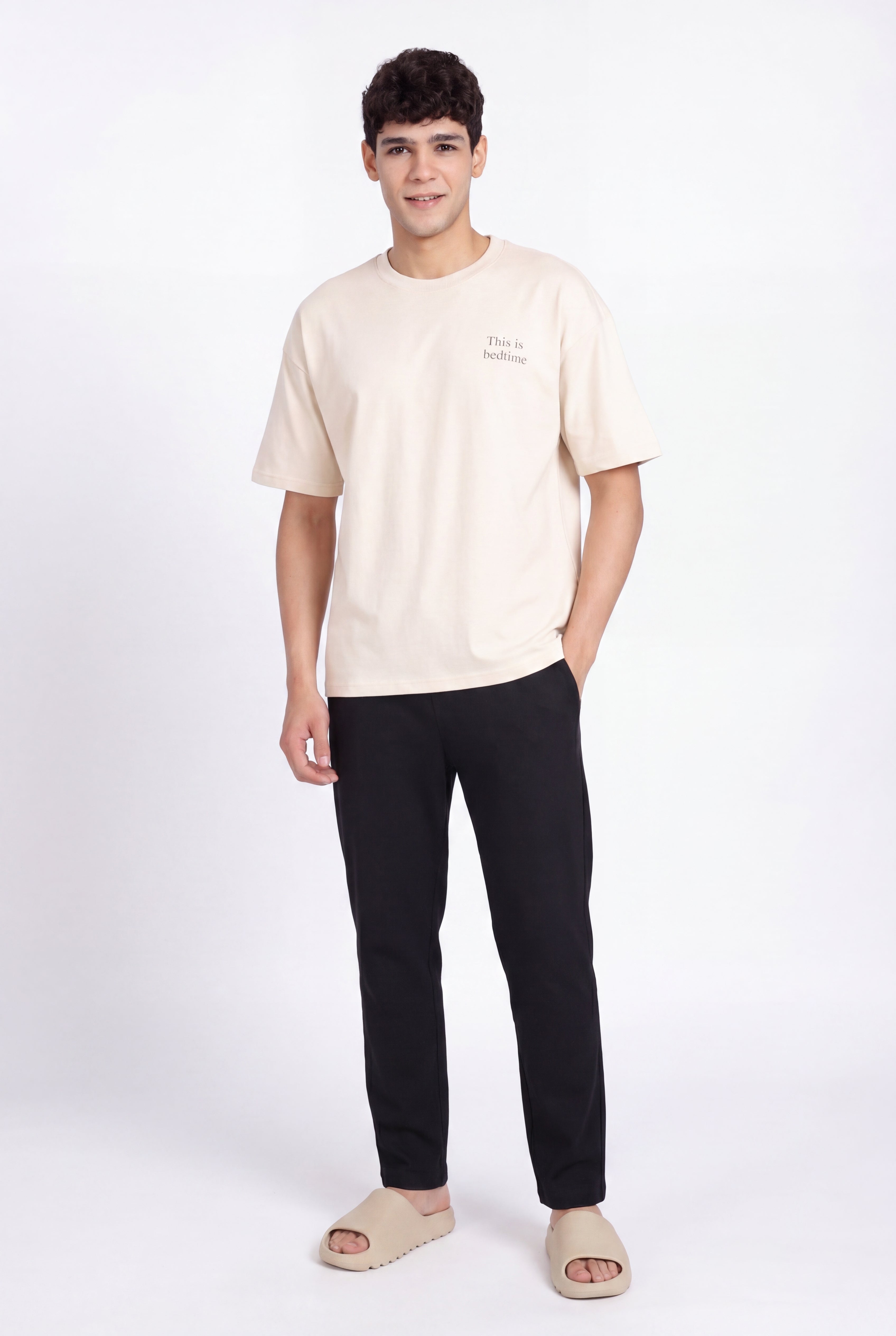 Beige Drop Shoulder Sleeves Oversized Fit T-Shirt for Men - Image 6