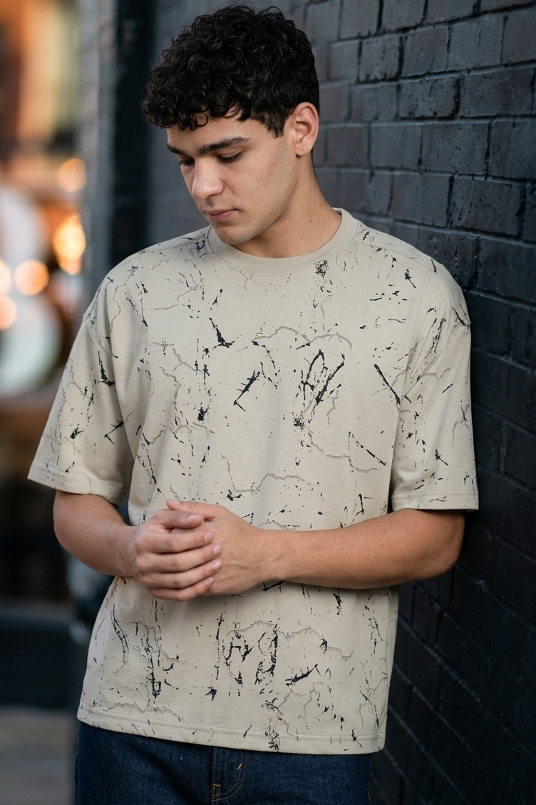 Beige Self Design Oversized Fit T-Shirt for Men - Image 1