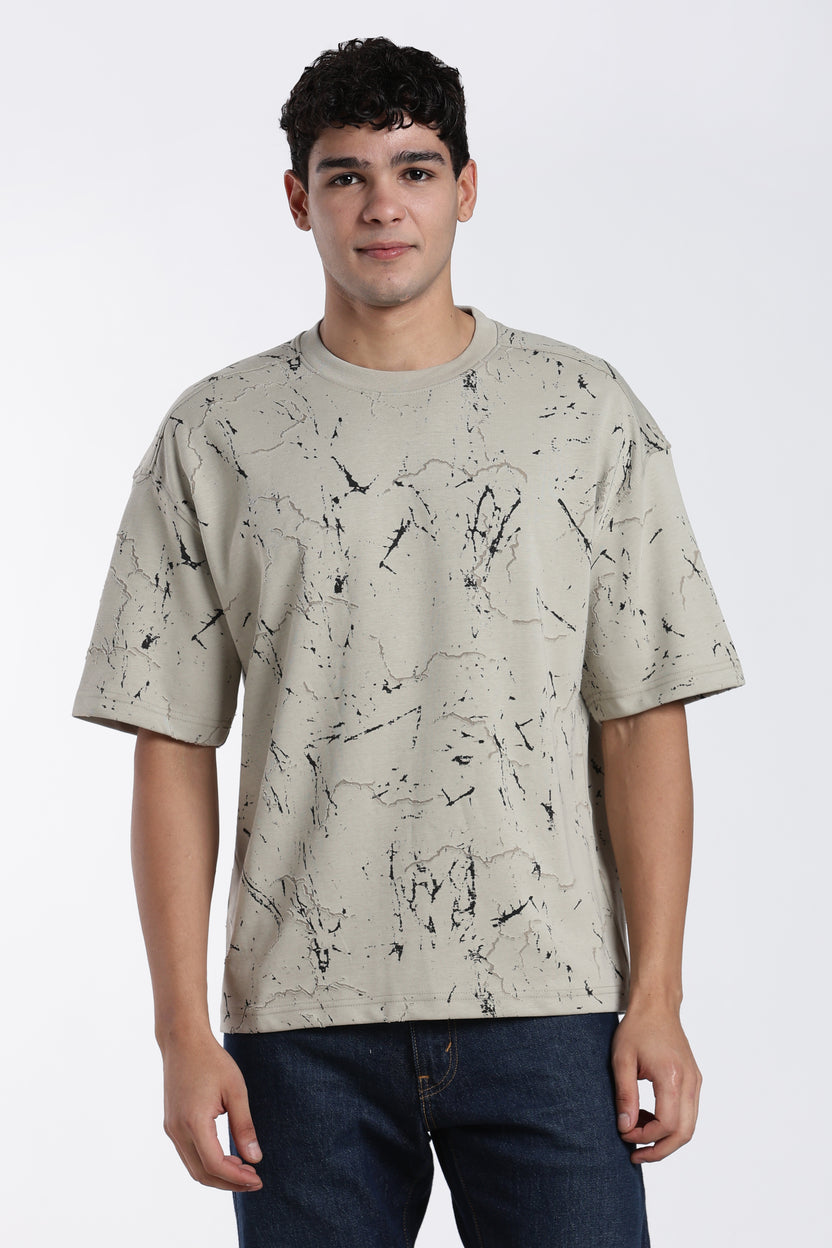 Beige Self Design Oversized Fit T-Shirt for Men - Image 2