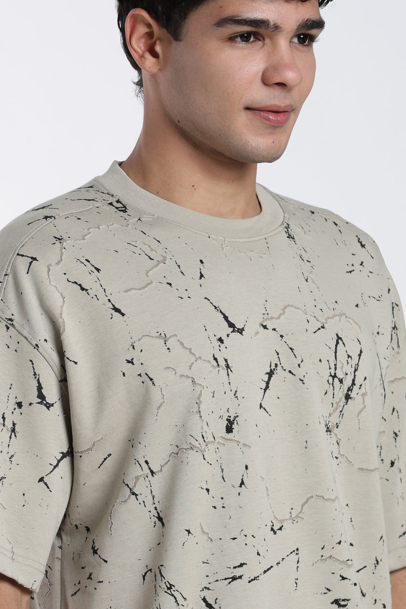 Beige Self Design Oversized Fit T-Shirt for Men - Image 3