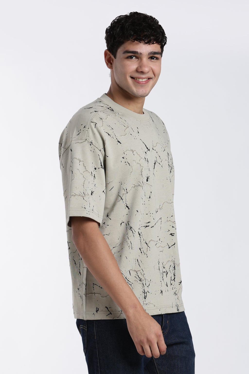 Beige Self Design Oversized Fit T-Shirt for Men - Image 4