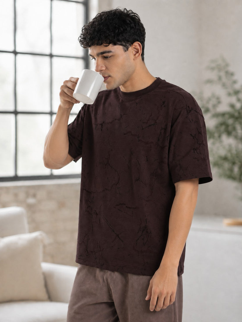 Brown Self Design Oversized Fit T-Shirt for Men - Image 1