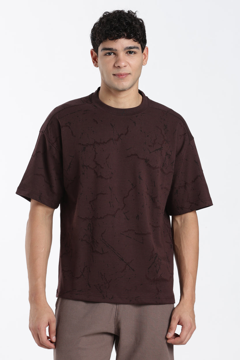 Brown Self Design Oversized Fit T-Shirt for Men - Image 2