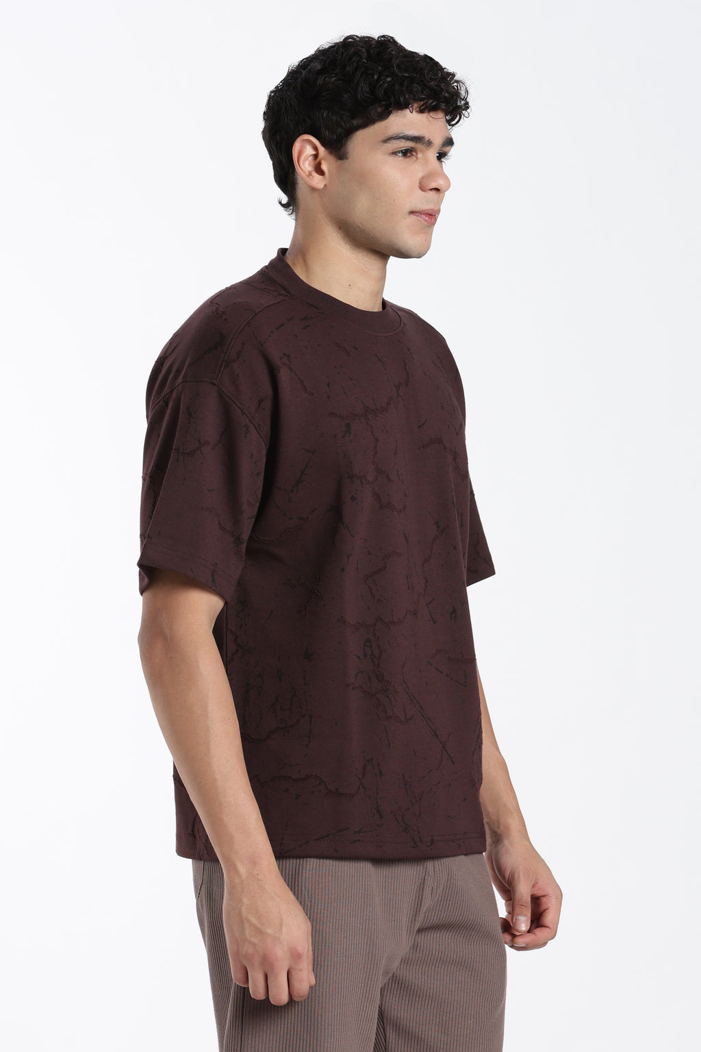 Brown Self Design Oversized Fit T-Shirt for Men - Image 4