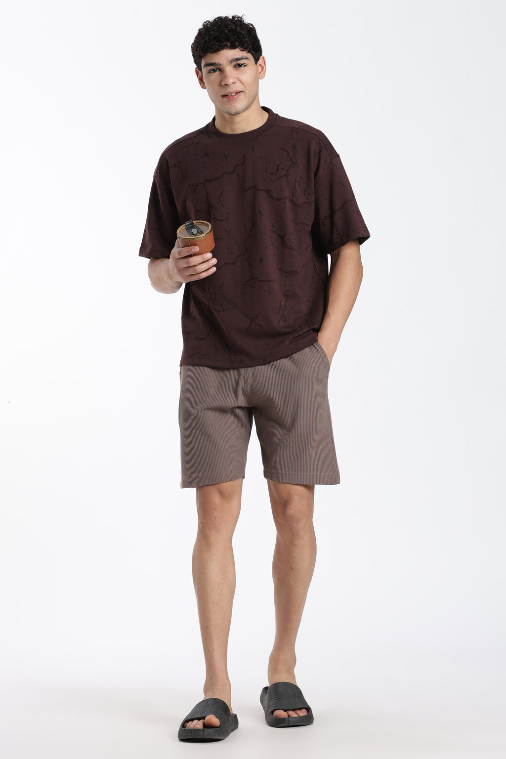 Brown Self Design Oversized Fit T-Shirt for Men - Image 6