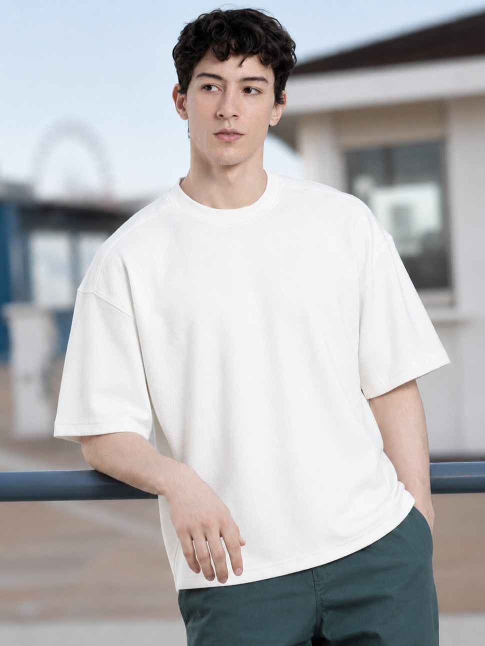 Off White Solid Oversized Fit T-Shirt for Men - Image 1
