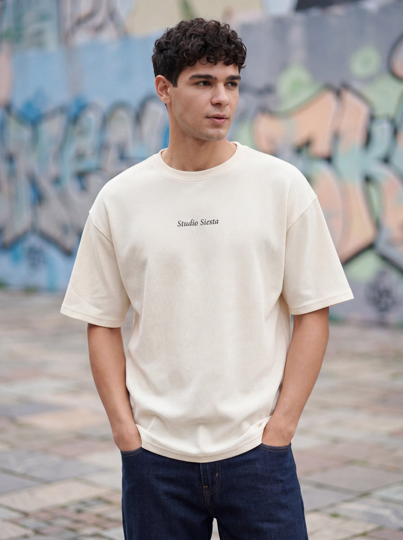 Beige Graphic Oversized Fit T-Shirt For Men - Image 1