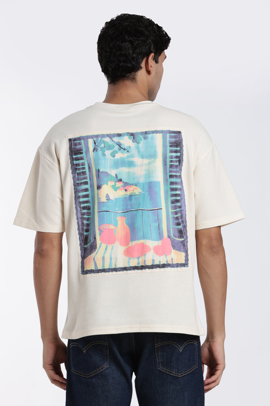 Beige Graphic Oversized Fit T-Shirt for Men - Image 5