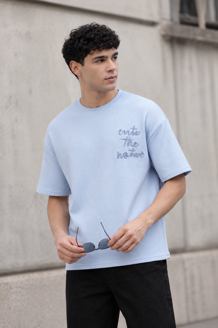 Blue Embroidered Oversized Fit T-Shirt for Men - Image 1