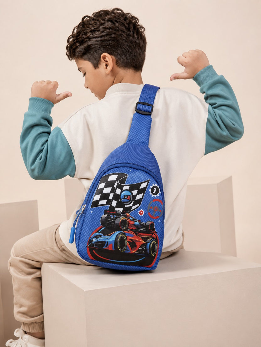 Blue Racing Car Graphic Print Backpack For Boys - Image 1