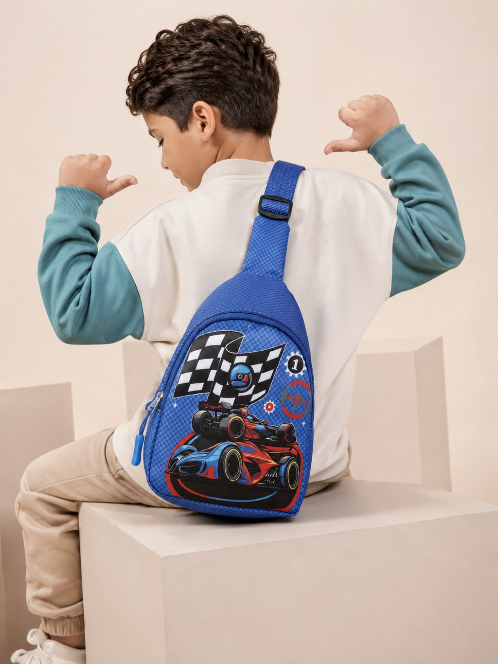 Blue Racing Car Graphic Print Backpack For Boys - Image 1