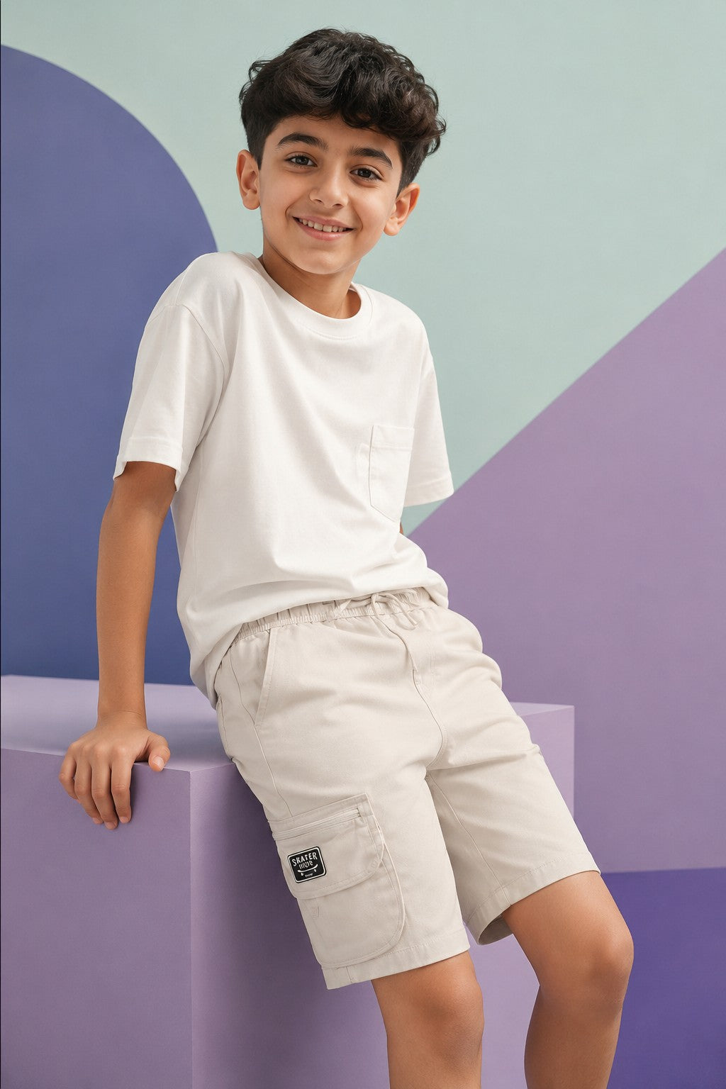 Off White Solid Cargo Shorts with Pockets - Image 1